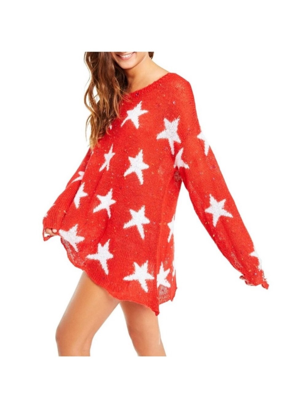 Wildfox Seeing Stars Lennon Distressed Sweater Red Start Print Wool Size XS